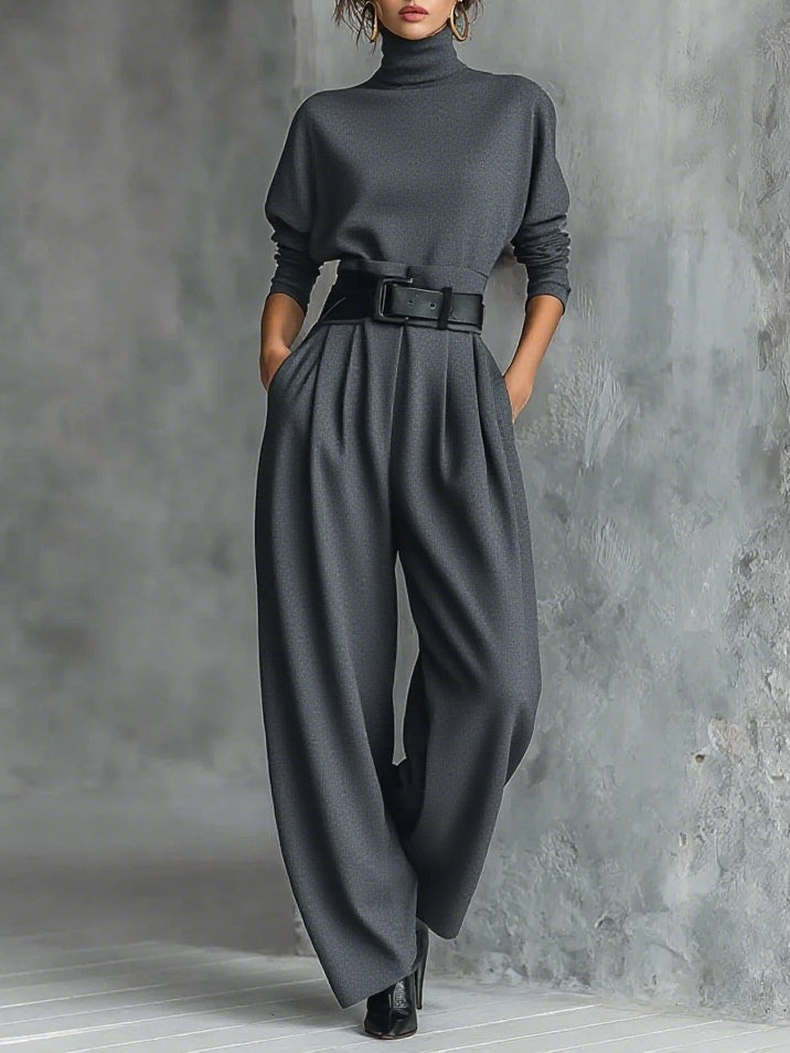 Black Turtleneck Long Sleeve Top and Straight-Leg Pants Set with Belt