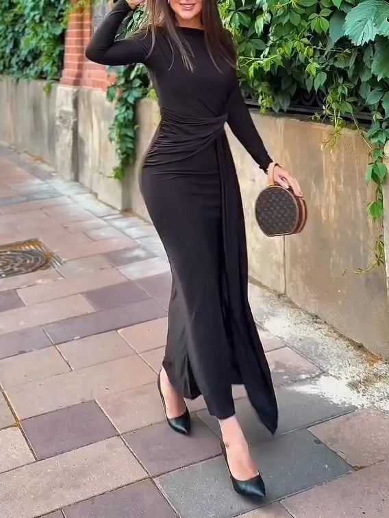 Chic Black Pleated Maxi Dress with Waist Detail