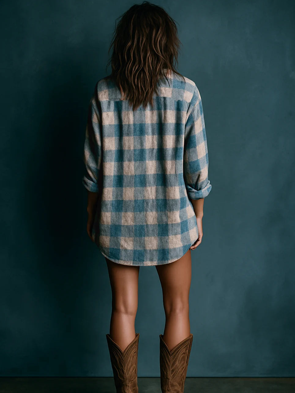 Blue and White Checkered Long Sleeve Mini Dress with Henley Neck