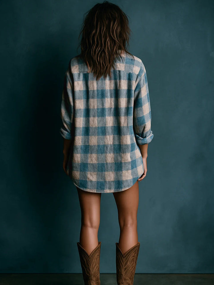 Blue and White Checkered Long Sleeve Mini Dress with Henley Neck