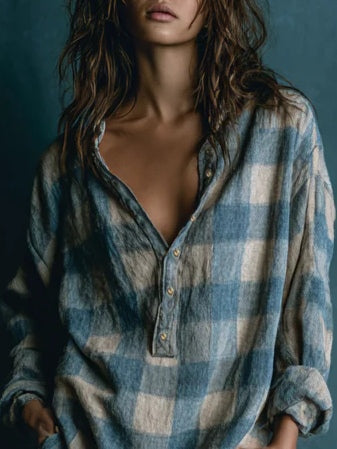 Blue and White Checkered Long Sleeve Mini Dress with Henley Neck