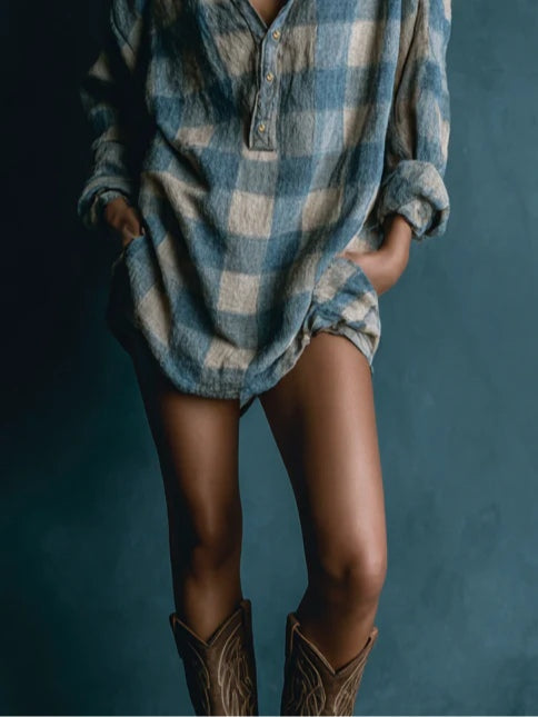 Blue and White Checkered Long Sleeve Mini Dress with Henley Neck