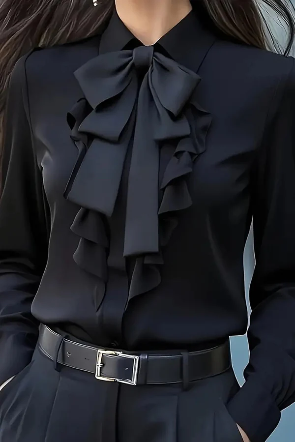 Casual Long-Sleeved Shirt with Ruffled Bow Tie