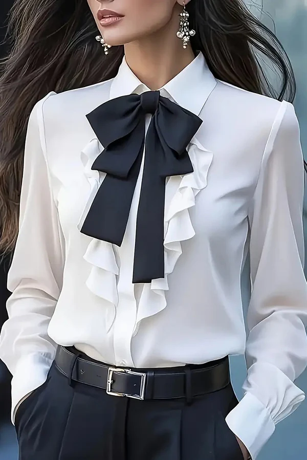 Casual Long-Sleeved Shirt with Ruffled Bow Tie