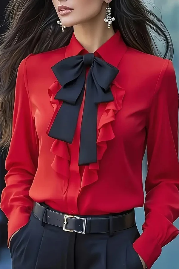 Casual Long-Sleeved Shirt with Ruffled Bow Tie