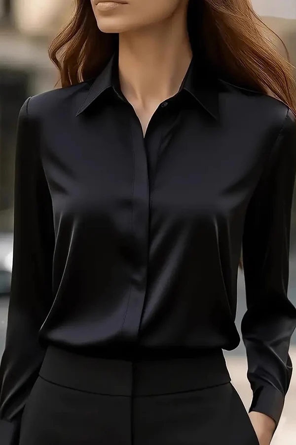 Long-Sleeved Casual Shirt with Satin Lapel
