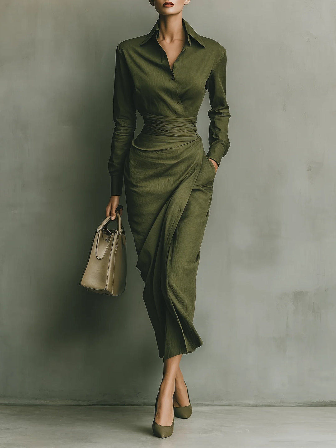 Army Green Cotton Blend Maxi Dress