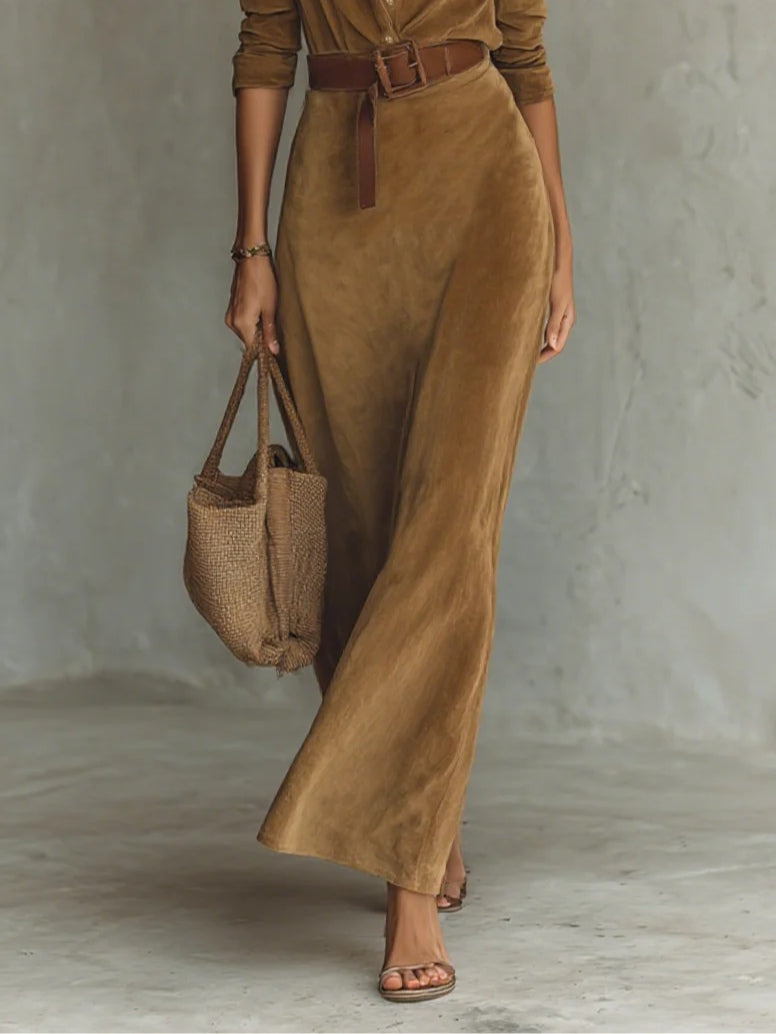 Maxi Dress with Suede Finish and Single-Breasted Lapel