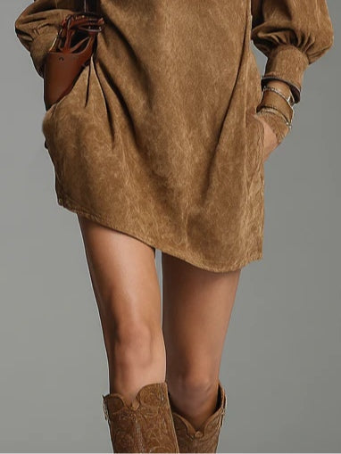 Brown Suede Turtleneck Mini Dress with Loose Fit and Zipper Detail