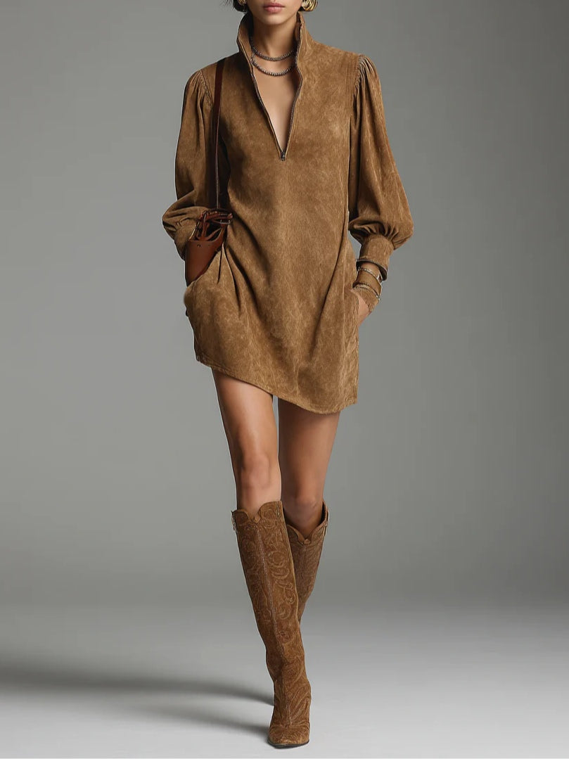Brown Suede Turtleneck Mini Dress with Loose Fit and Zipper Detail