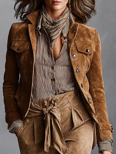 Brown Suede Cropped Jacket with Single-Breasted Lapel