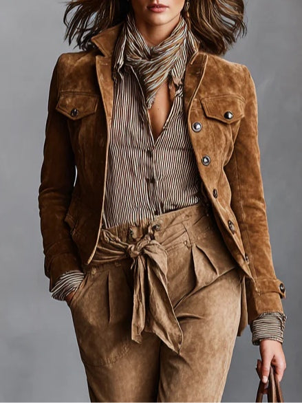 Brown Suede Cropped Jacket with Single-Breasted Lapel
