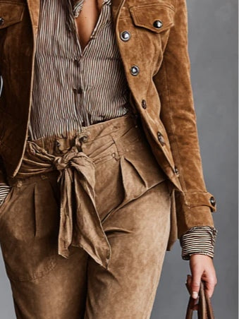 Brown Suede Cropped Jacket with Single-Breasted Lapel