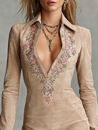 Beige Slim-Fit Suede Midi Dress with Floral Lapel