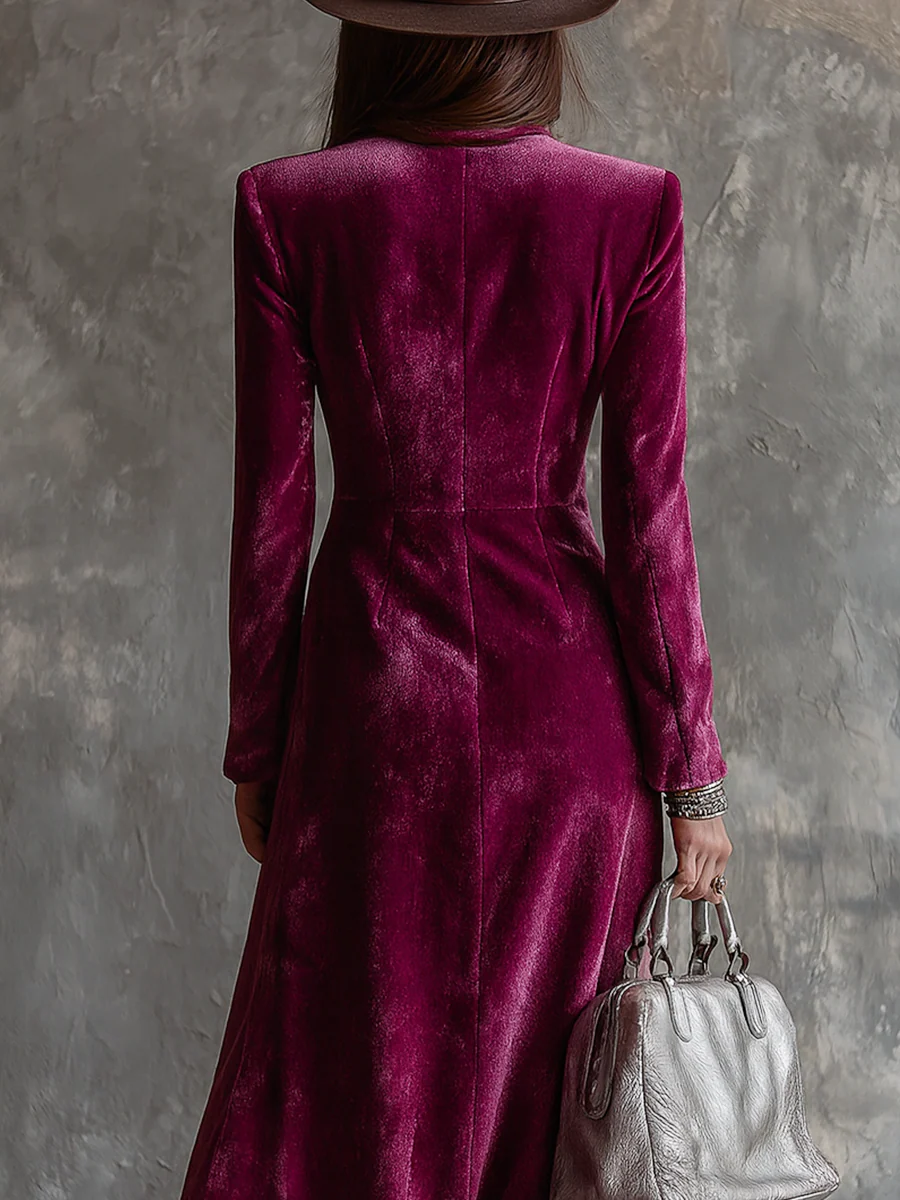 Maxi Dress with Long Velvet Blazer and Purple Button-Down Detail