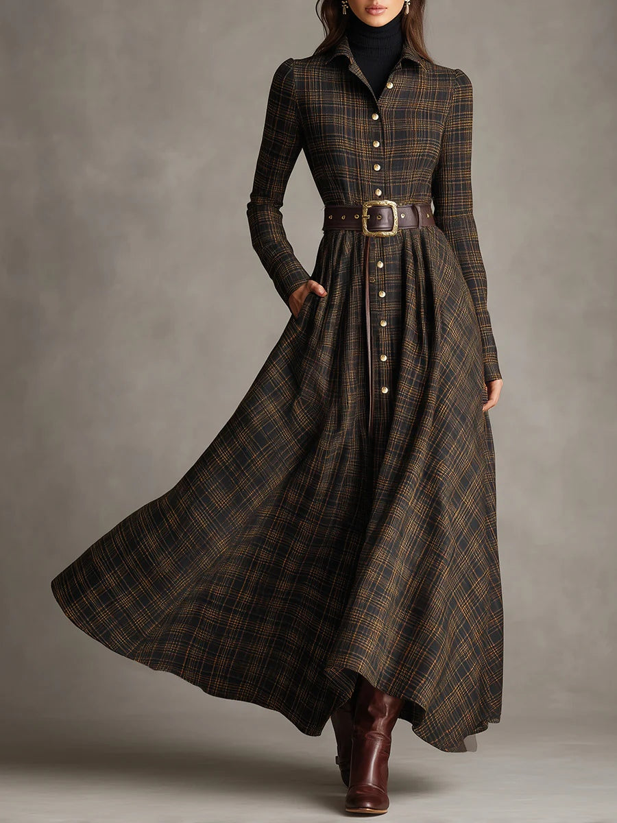 Long Plaid Dress with Brown and Black Lapel, Single-Breasted Design