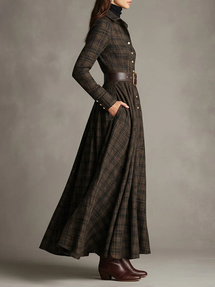 Long Plaid Dress with Brown and Black Lapel, Single-Breasted Design
