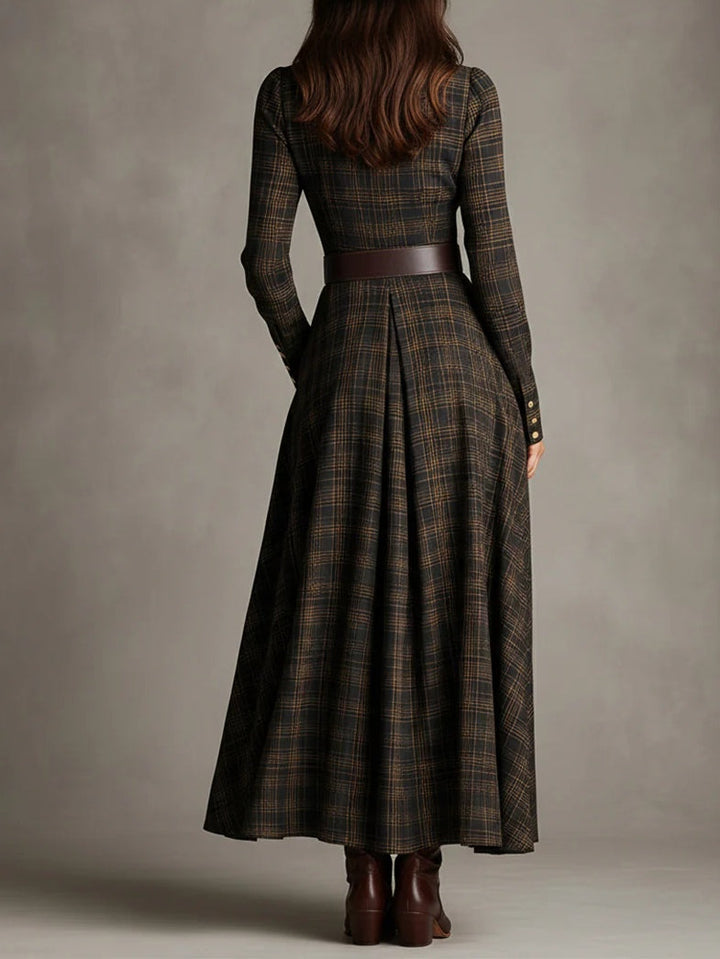 Long Plaid Dress with Brown and Black Lapel, Single-Breasted Design