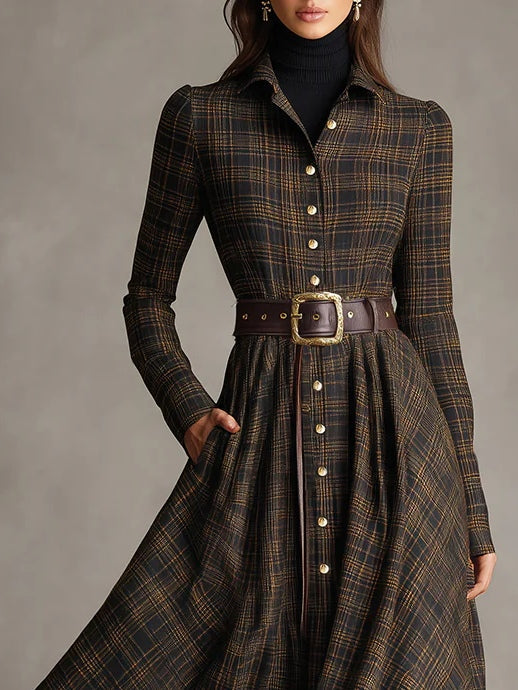 Long Plaid Dress with Brown and Black Lapel, Single-Breasted Design