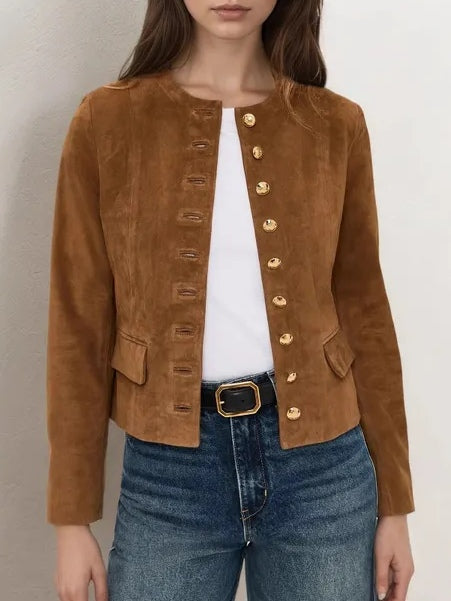 Brown Suede Cropped Jacket with Single-Breasted Design