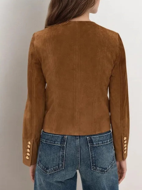 Brown Suede Cropped Jacket with Single-Breasted Design