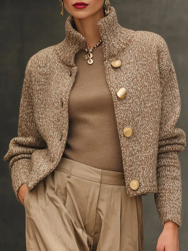 Camel Turtleneck Button-Up Cardigan Sweater