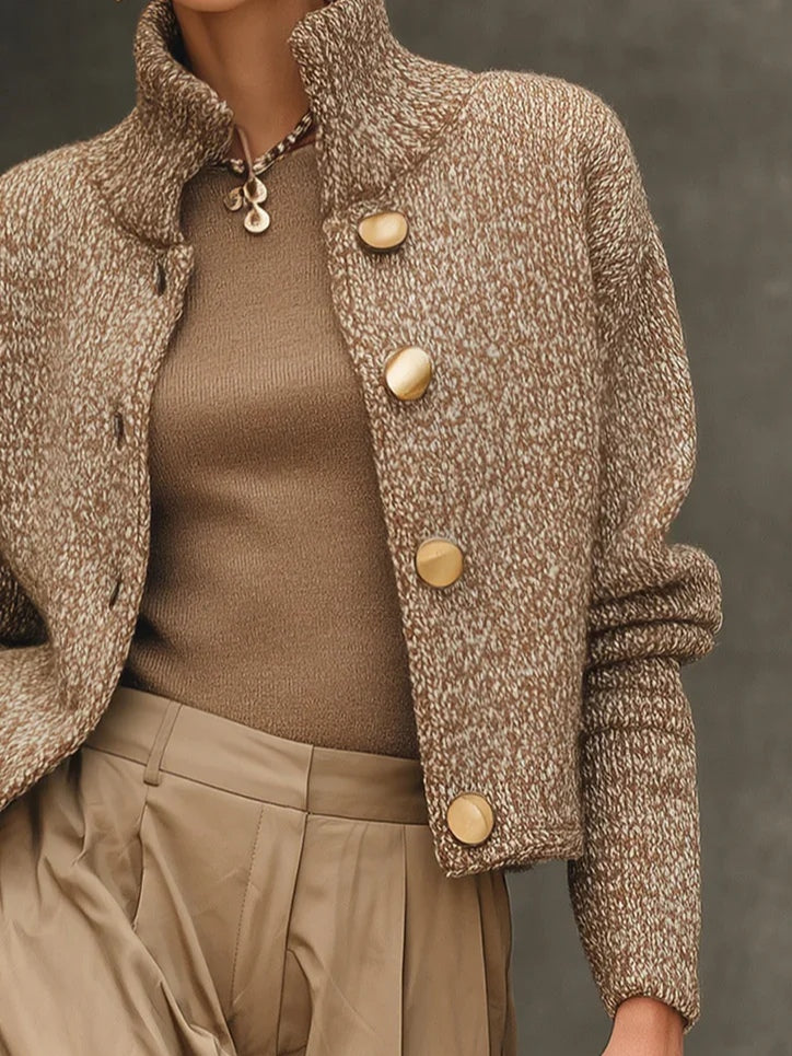 Camel Turtleneck Button-Up Cardigan Sweater