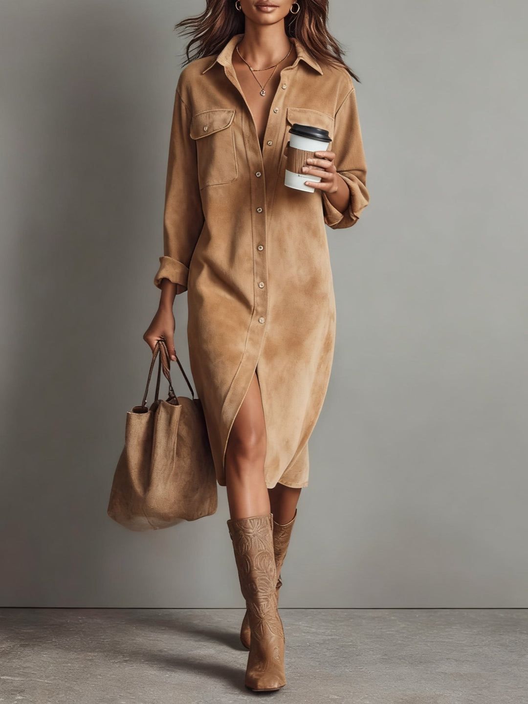 Brown Loose-Fit Faux Suede Midi Dress with Double Chest Pockets and Single-Breasted Design