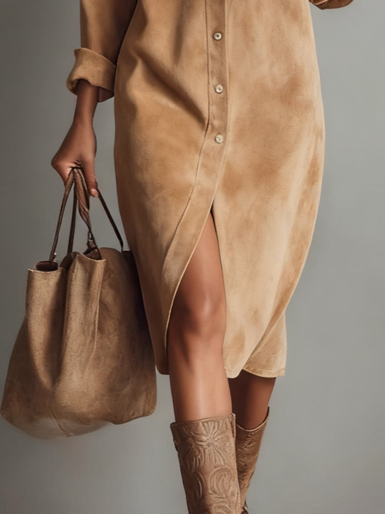 Brown Loose-Fit Faux Suede Midi Dress with Double Chest Pockets and Single-Breasted Design