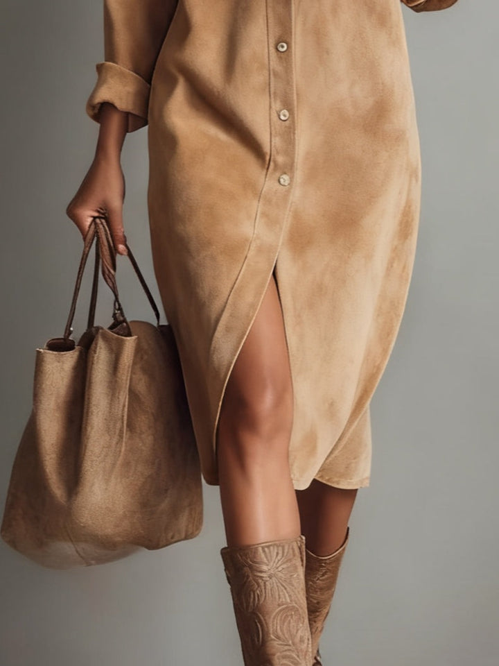 Brown Loose-Fit Faux Suede Midi Dress with Double Chest Pockets and Single-Breasted Design