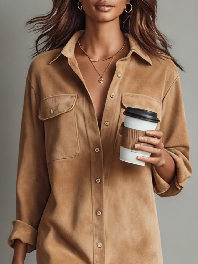 Brown Loose-Fit Faux Suede Midi Dress with Double Chest Pockets and Single-Breasted Design