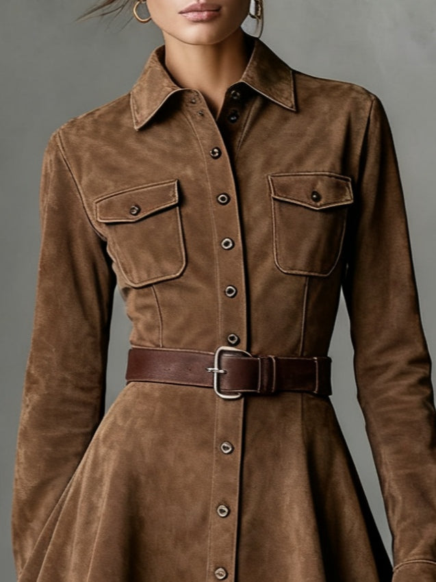 Chic Suede Mini Dress with Single-Breasted Lapel and Long Sleeves