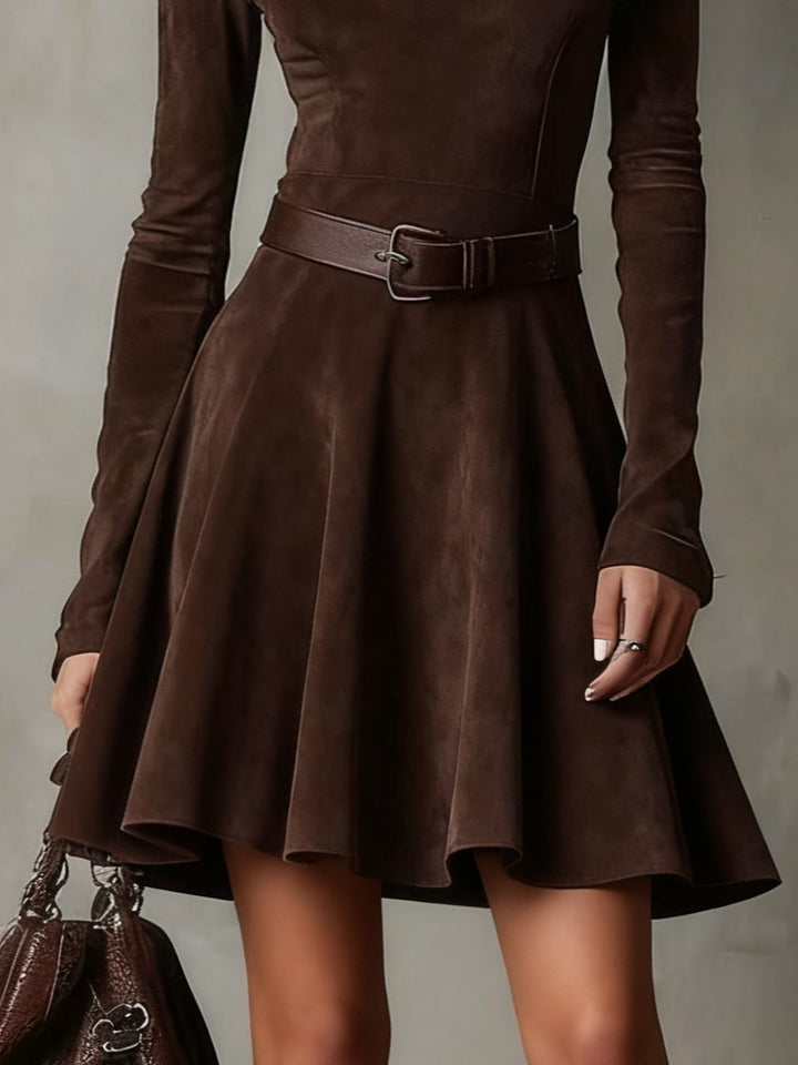 Retro Dark Brown Suede Mock Neck Mini Dress