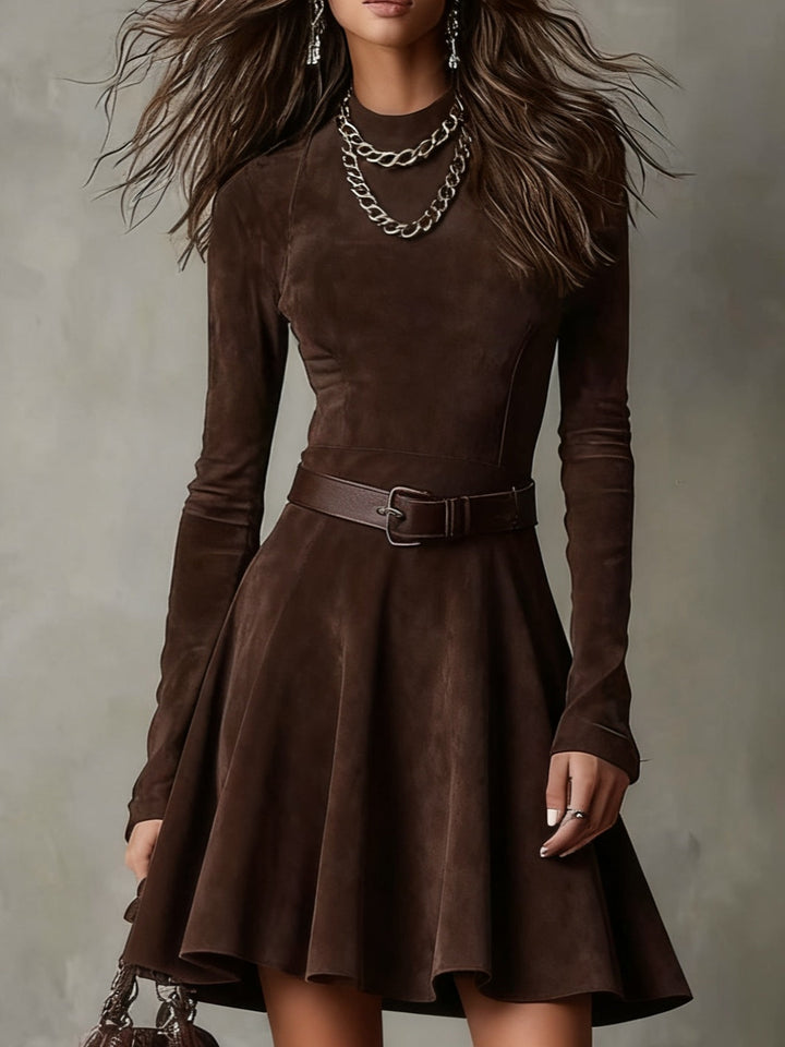 Retro Dark Brown Suede Mock Neck Mini Dress