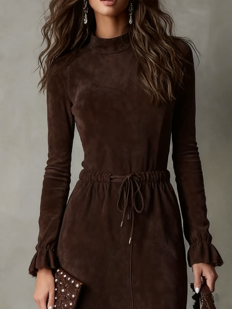 Chic Dark Brown Suede Midi Dress with Drawstring and Asymmetrical Hem