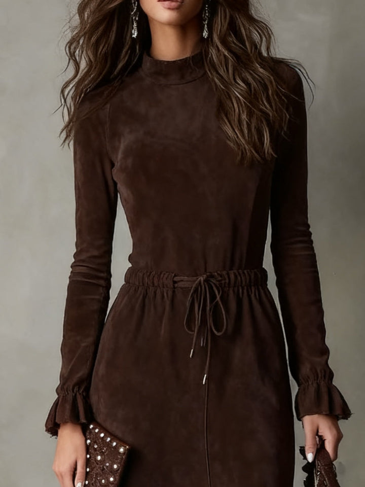 Chic Dark Brown Suede Midi Dress with Drawstring and Asymmetrical Hem