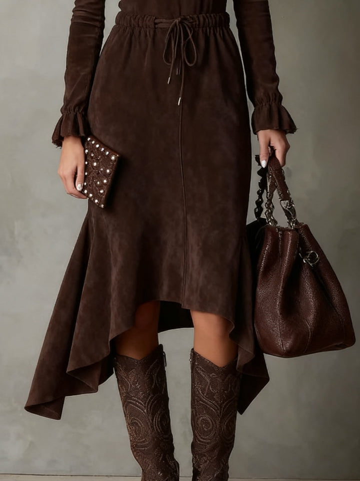 Chic Dark Brown Suede Midi Dress with Drawstring and Asymmetrical Hem