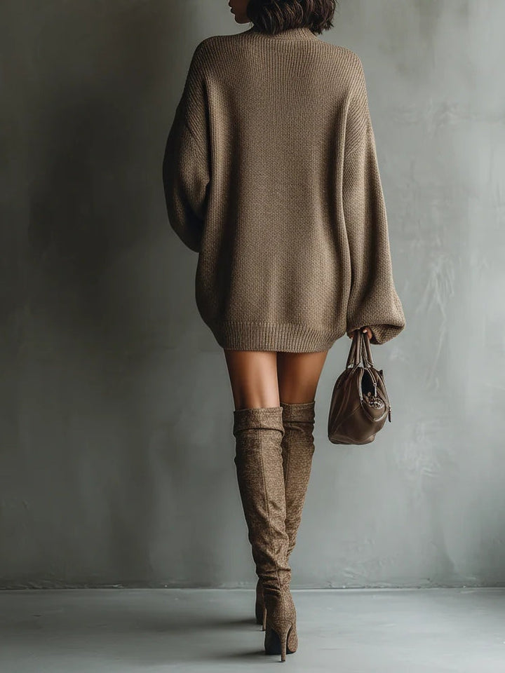 Vintage-Inspired Knit Mini Dress in Caramel Brown