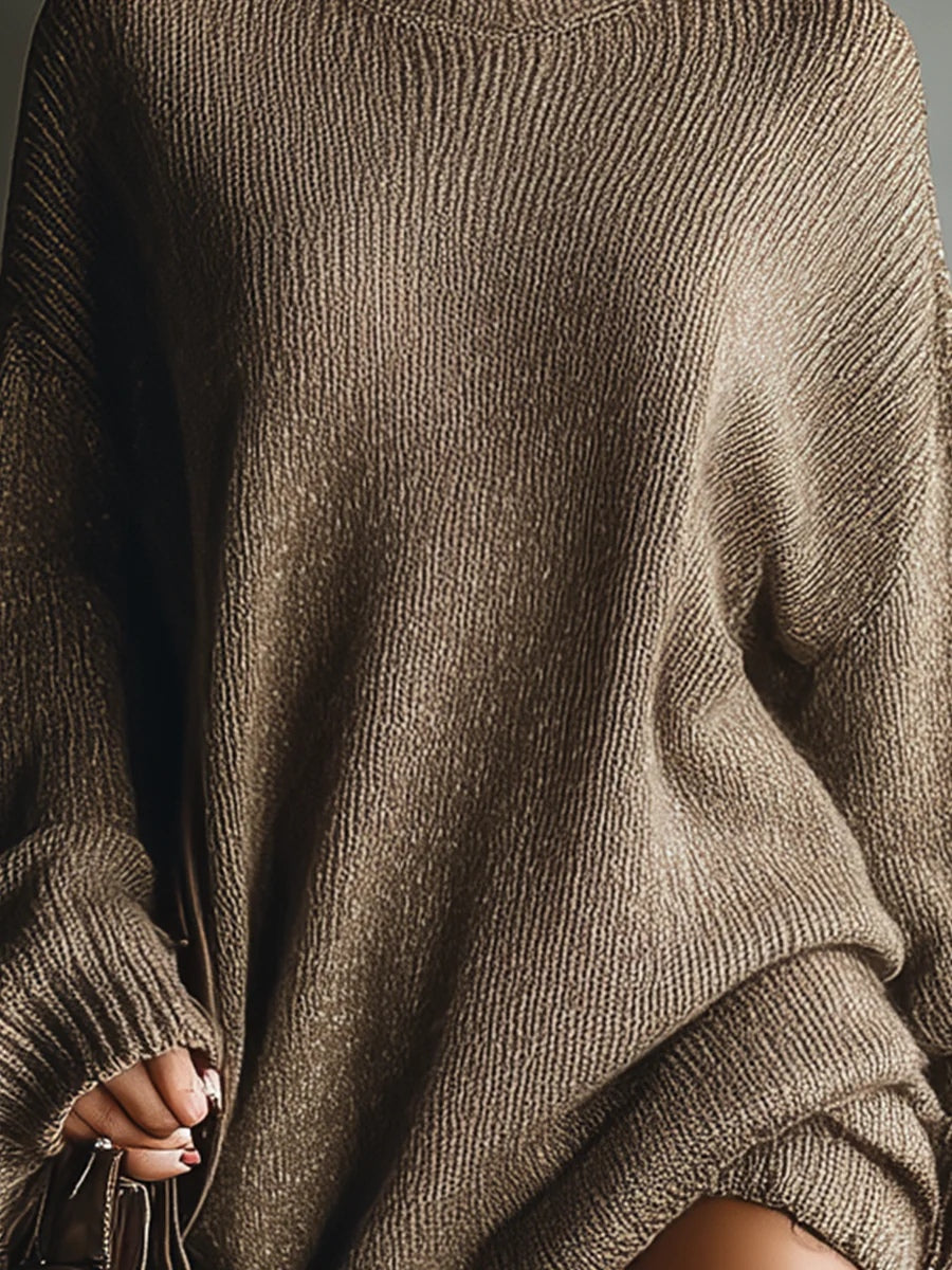 Vintage-Inspired Knit Mini Dress in Caramel Brown