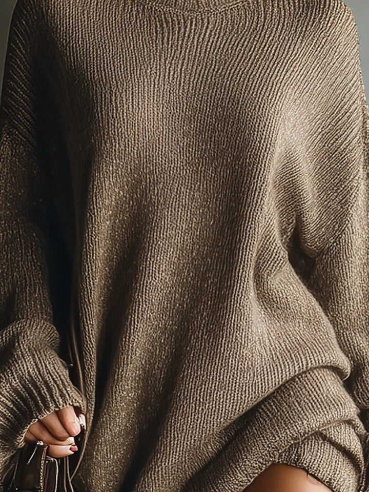 Vintage-Inspired Knit Mini Dress in Caramel Brown