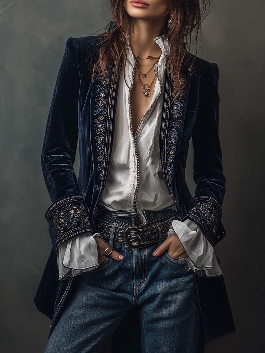 Embroidered Long Jacket in Vintage Navy Polyester Velvet