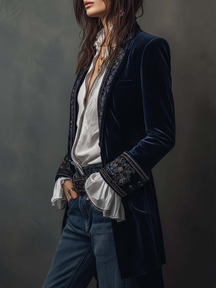 Embroidered Long Jacket in Vintage Navy Polyester Velvet