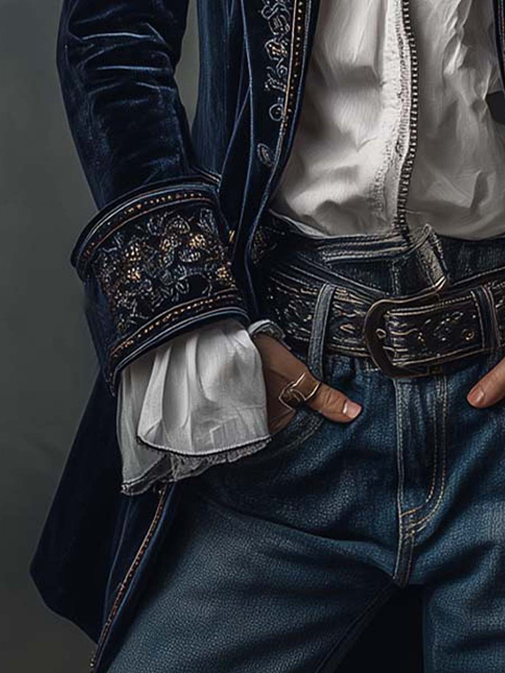 Embroidered Long Jacket in Vintage Navy Polyester Velvet