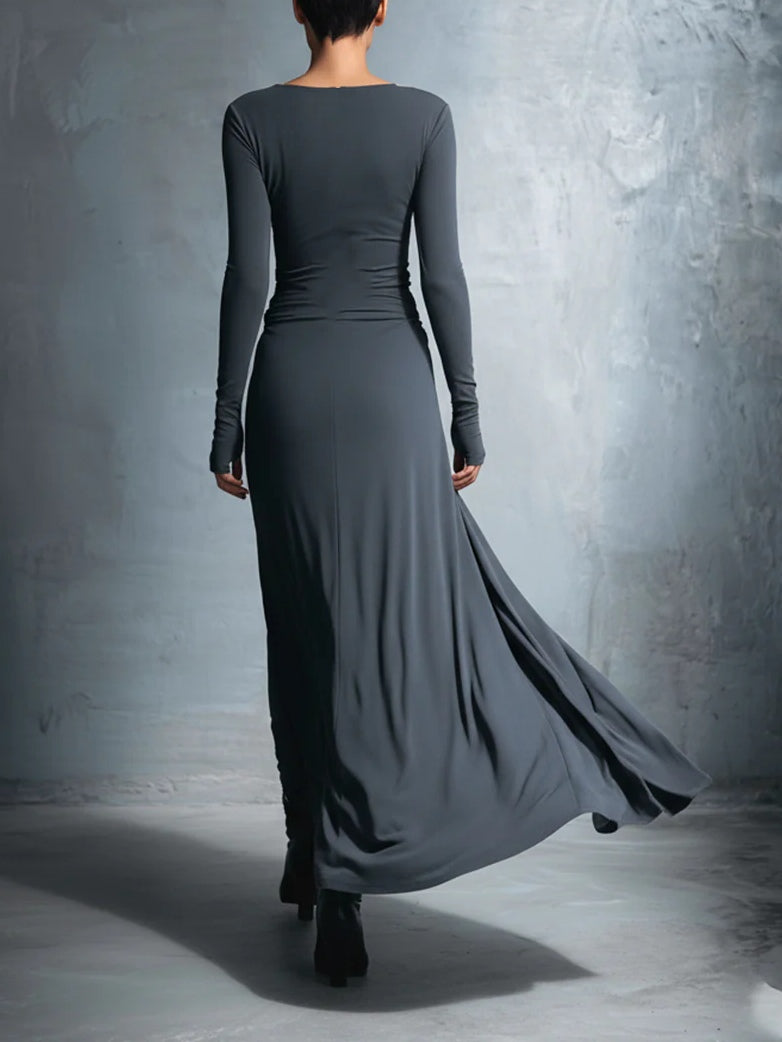 Elegant Grey Jersey Knit Maxi Dress with Wrap Knot Detail