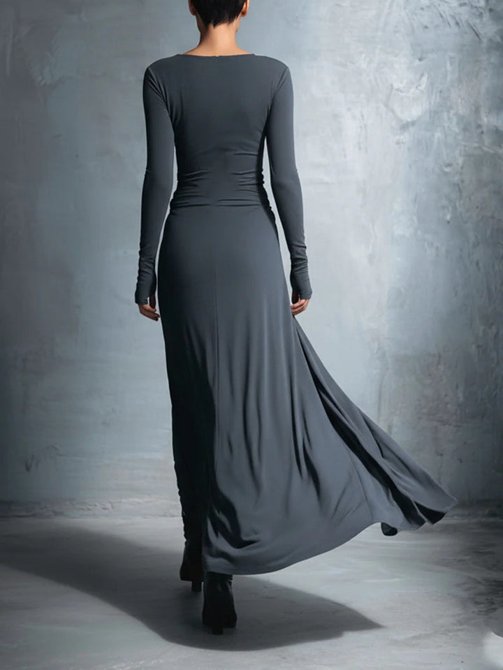 Elegant Grey Jersey Knit Maxi Dress with Wrap Knot Detail
