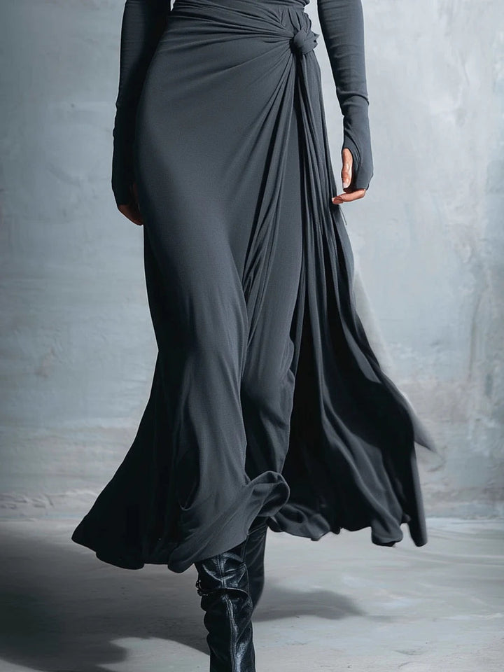 Elegant Grey Jersey Knit Maxi Dress with Wrap Knot Detail