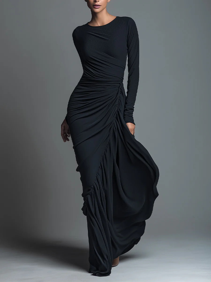 Chic Black Ruched Jersey Knit Maxi Dress