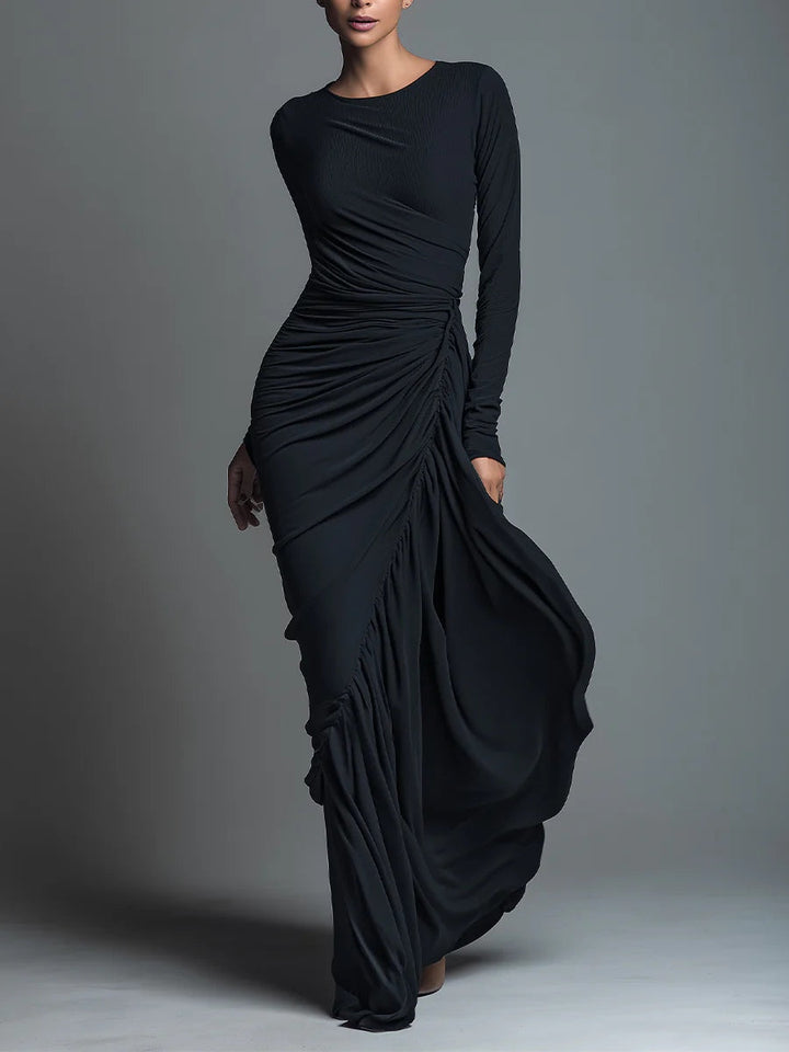 Chic Black Ruched Jersey Knit Maxi Dress