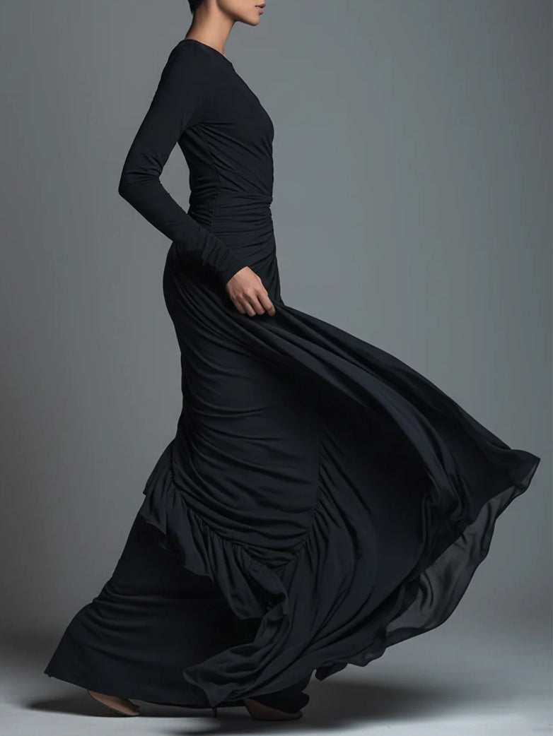 Chic Black Ruched Jersey Knit Maxi Dress