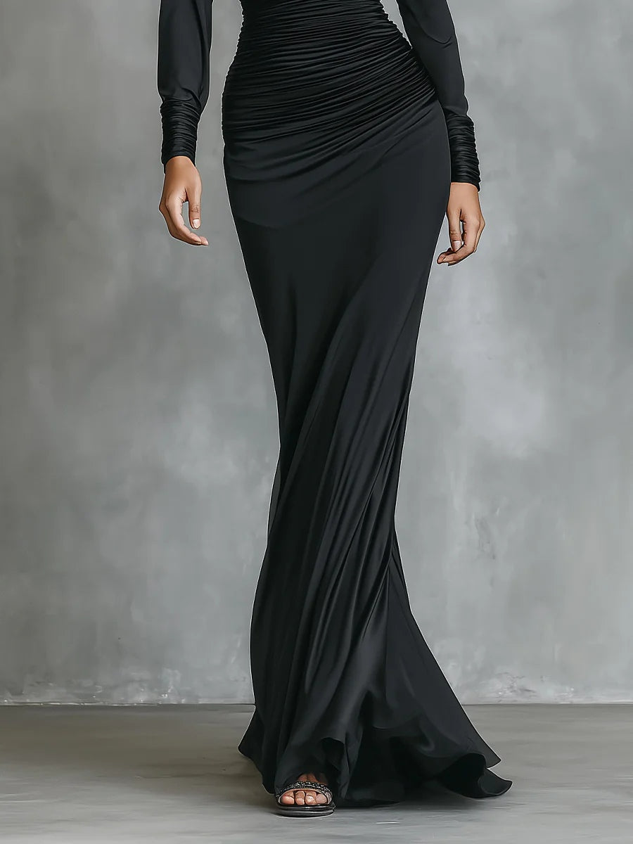 Elegant Black Satin One-Shoulder Ruched Mermaid Maxi Dress